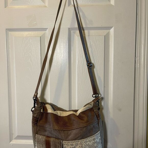 Myra Bag canvas & leather Hobo Beige gray & brown shoulder bag - Picture 2 of 11
